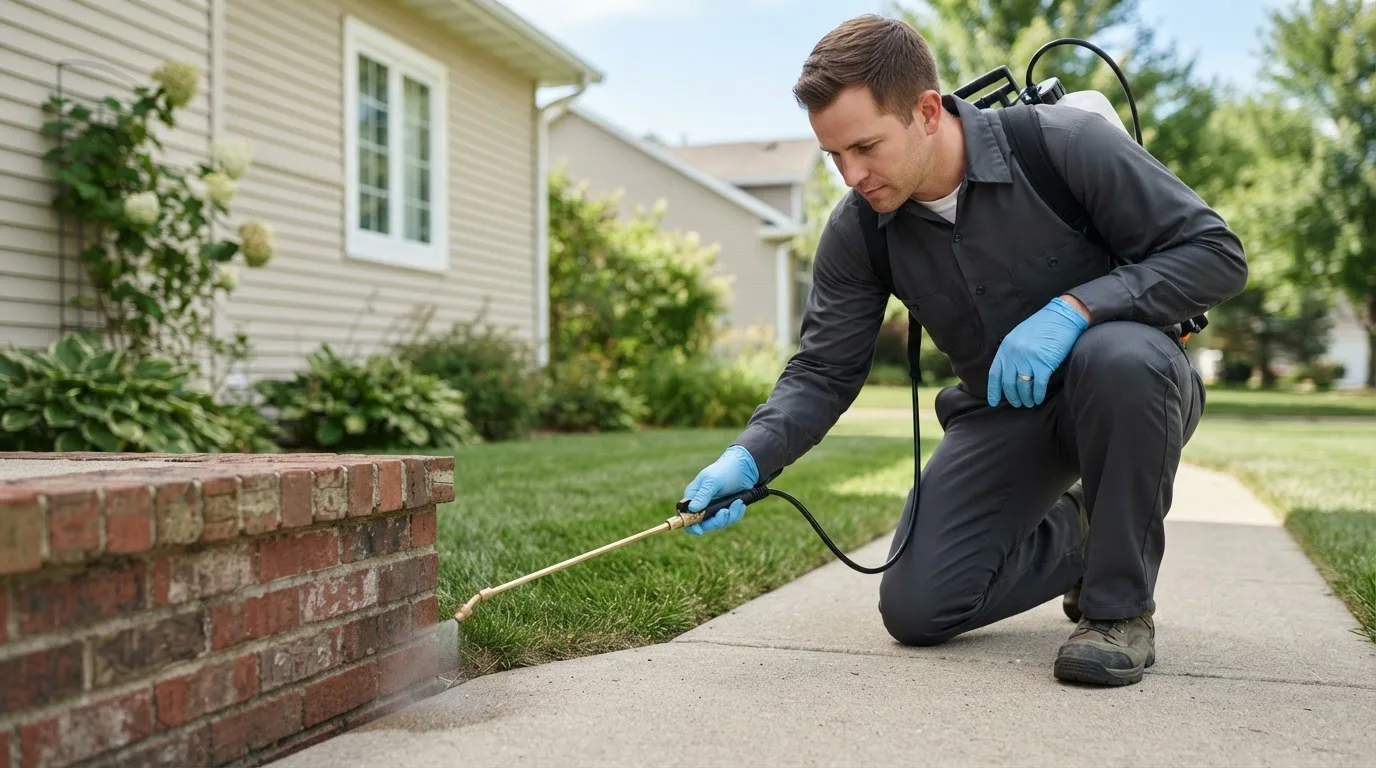 Pest control technician treating a home near Thief River Falls, MN