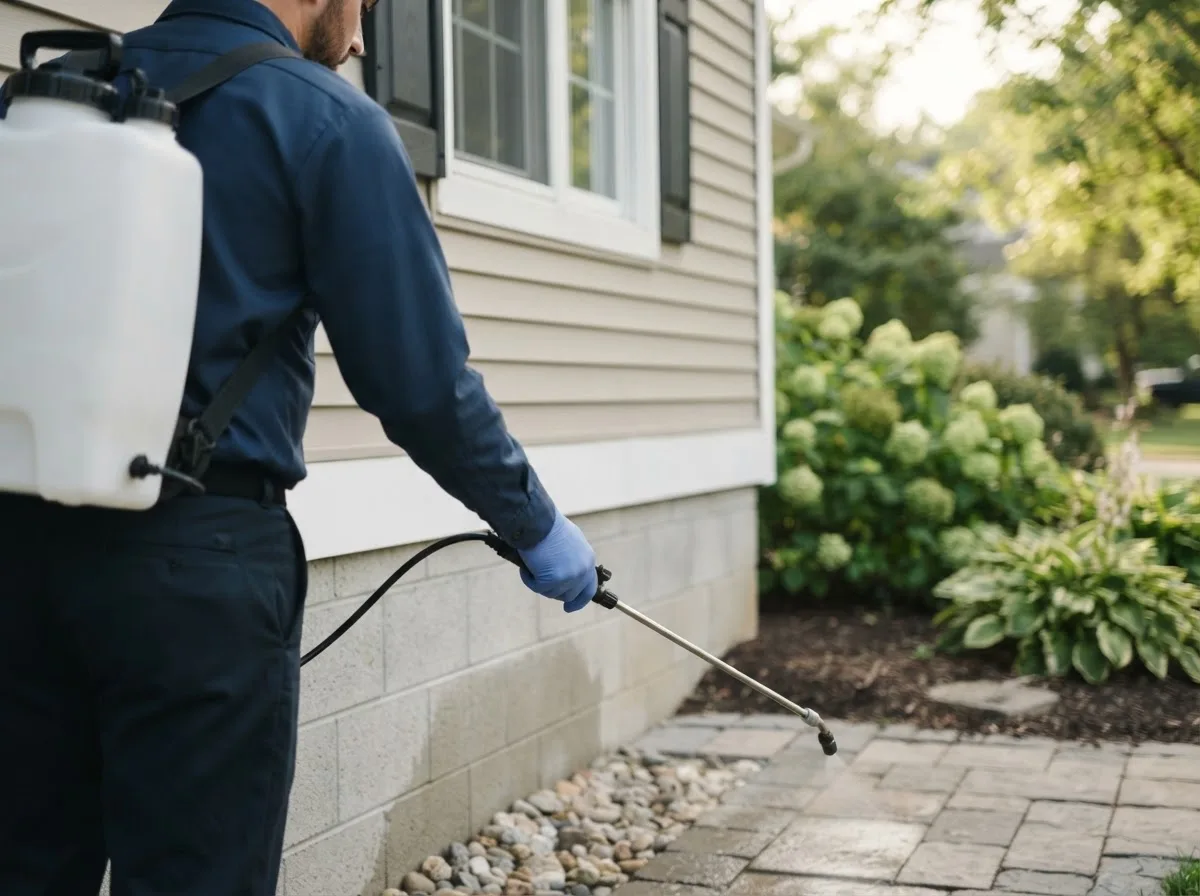 Pest control technician inspecting a home in Thief River Falls, MN